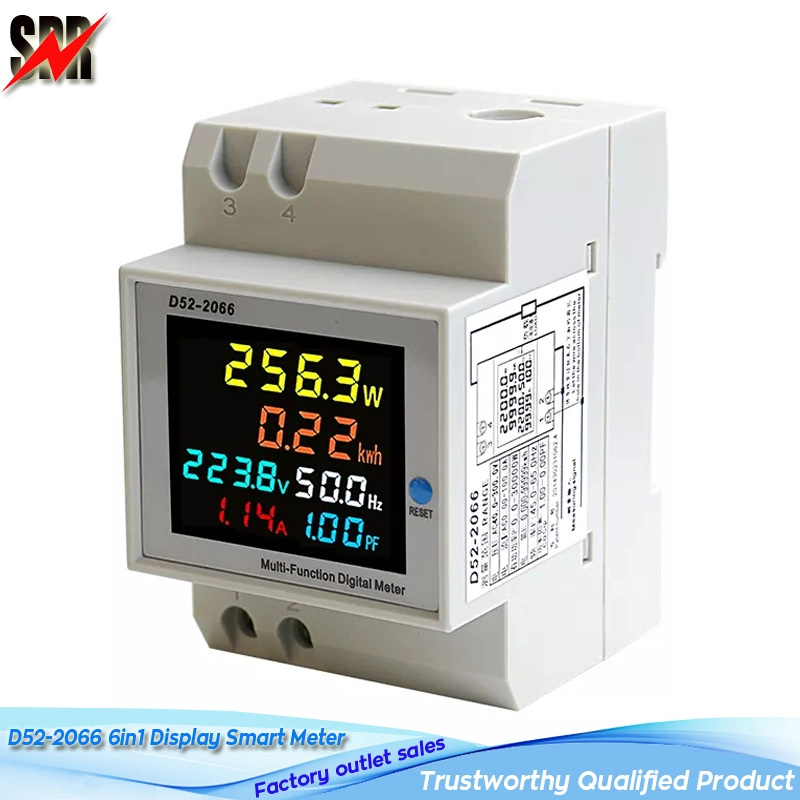 Moniteur de mesure Smart Meter DIN à affichage 6en 1 modèle D52-2066 Facteur de puissance de courant de tension actif kWh compteur de fréquence d'énergie électrique, multifonction Compteur numérique