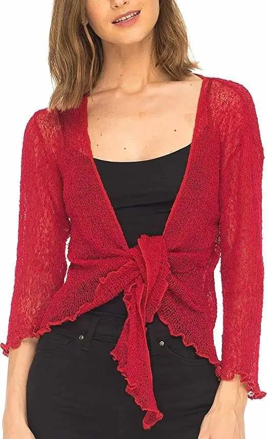 Women Solid Color Ribbed Long Sleeve V Neck Knit Shrug Tie Cardigan