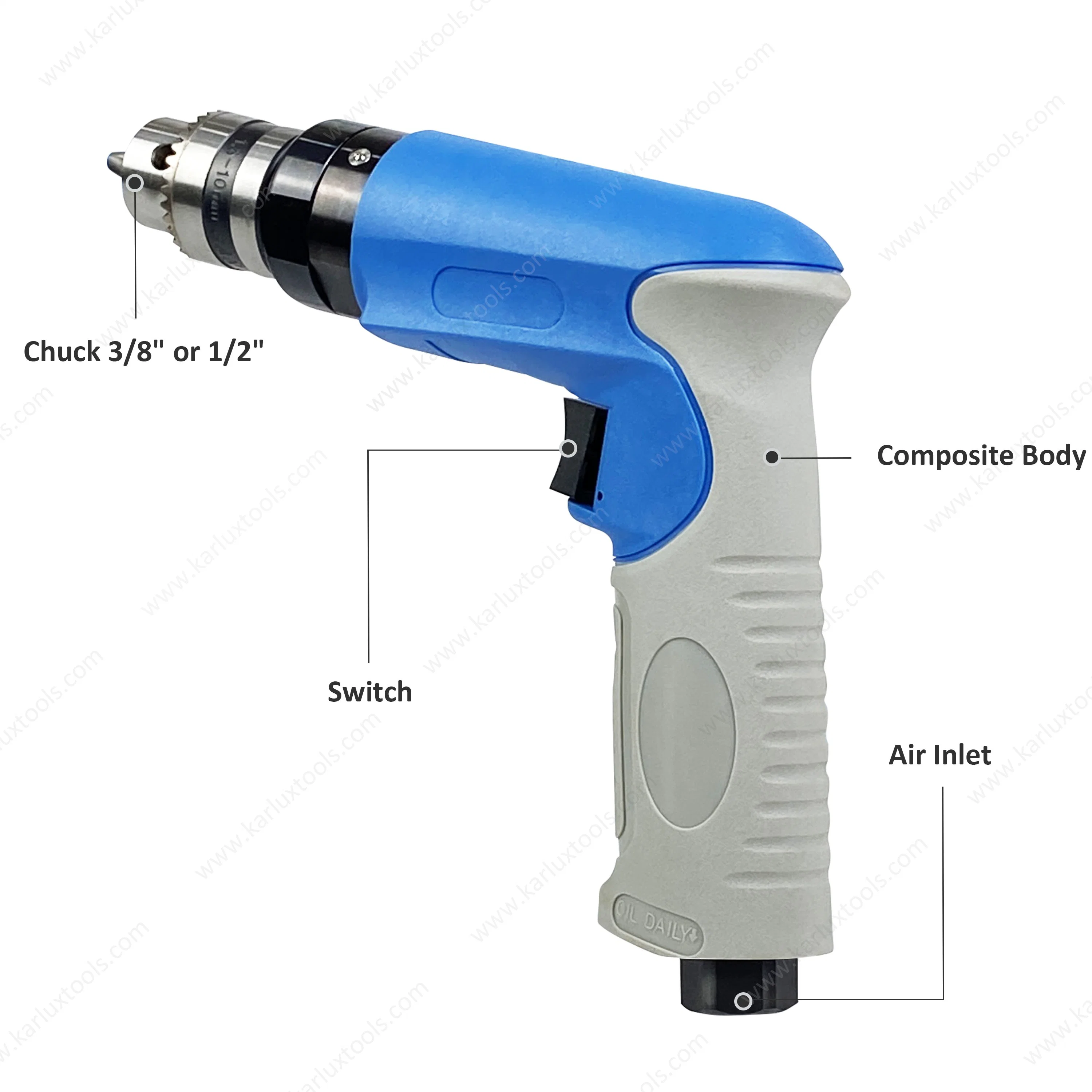 3, 000rpm 1.0HP Ultra-Low Noise Mini Hand Drill Industrial Non-Reversible Pistol Pneumatic Air Drill with Chuck 3/8''