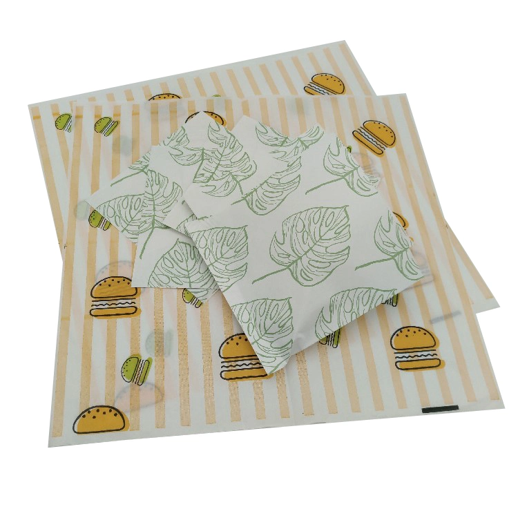 Logotipo y tamaño impresos personalizados papel de hamburguesa de calidad alimentaria a prueba de grasas Deli Envoltura de carne papel recubierto de PE, papel de envoltura de sándwich