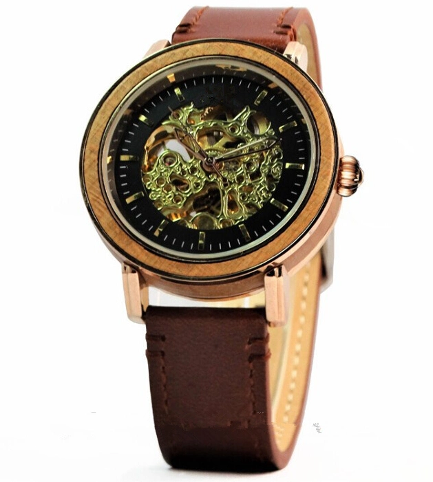 Chinese Supplier Custom Logo Mechanical Watch Leather Strap Wooden Automatic Watch