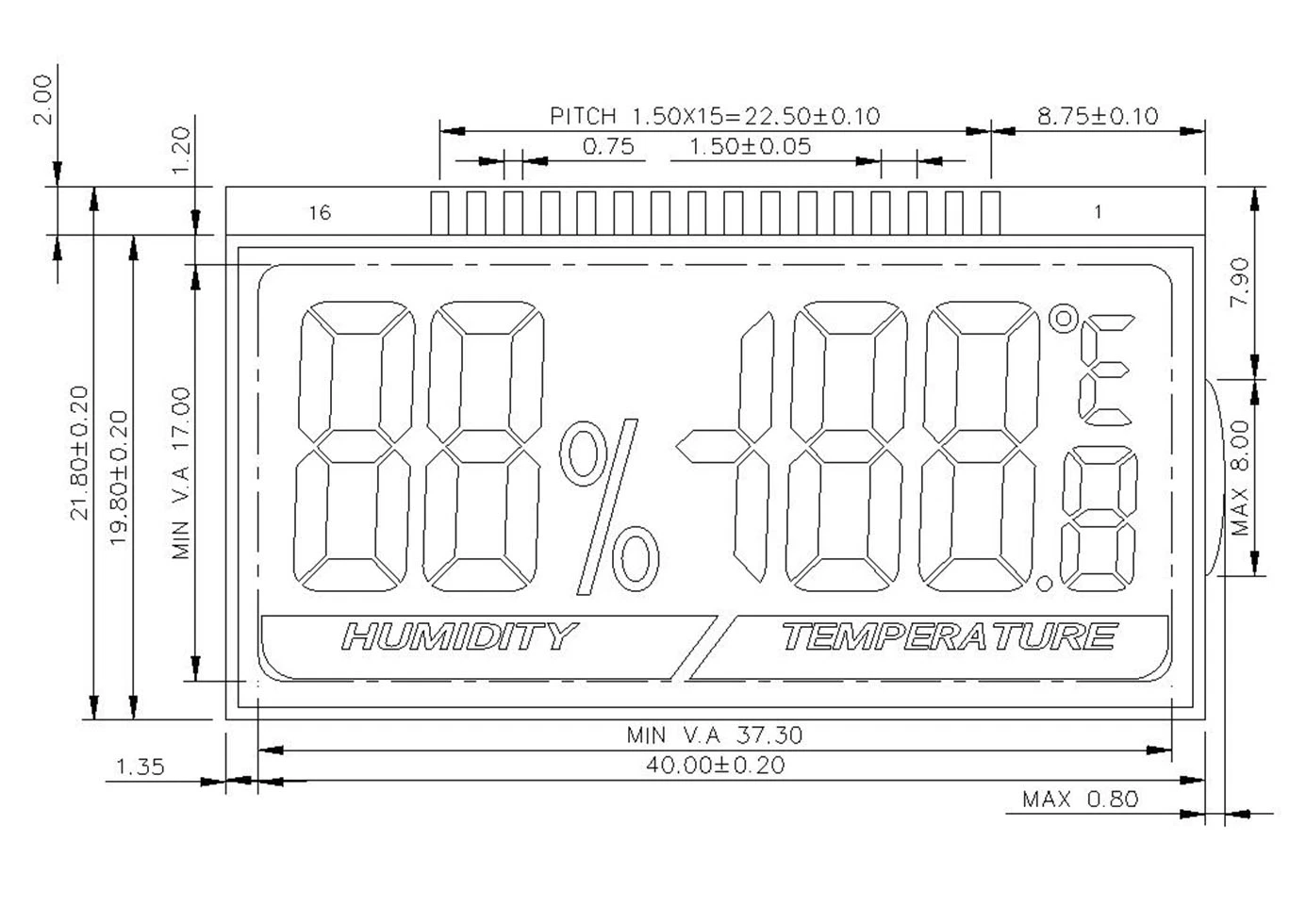 Visor LCD monocromático de segmento TN pequeno de 16 pinos para temperatura E umidade