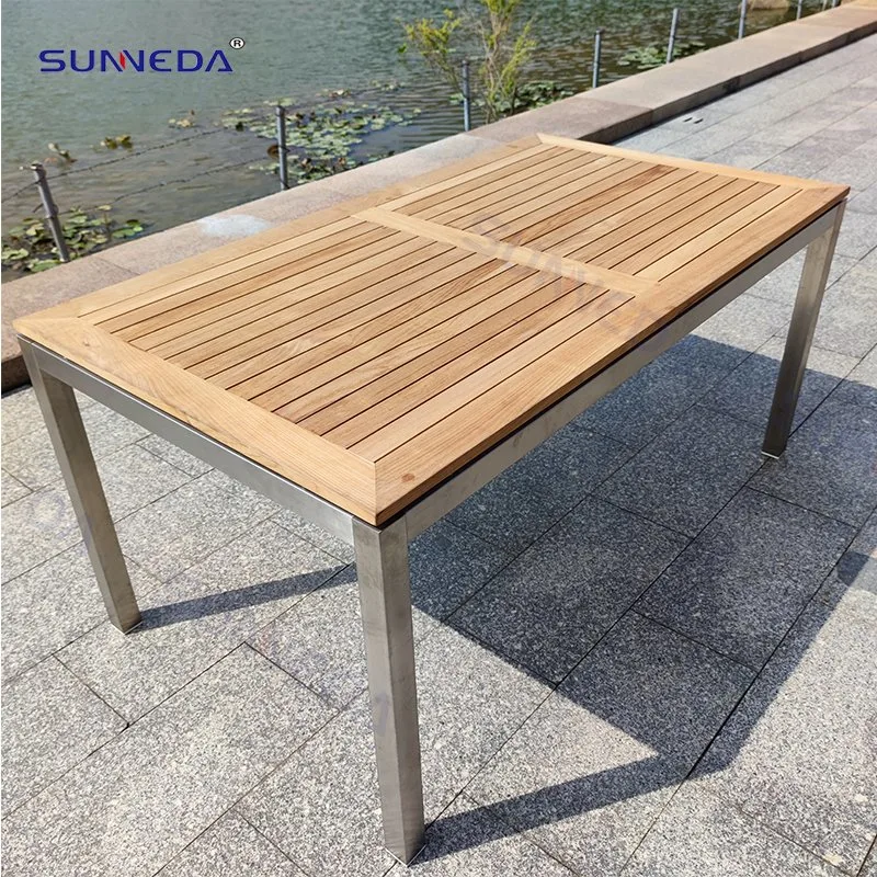 Modern Hotel Outdoor Patio Garden Furniture Manufacturer OEM Stainless-Steel Teak Finish Wood Dining Table Set with Stackable Chairs