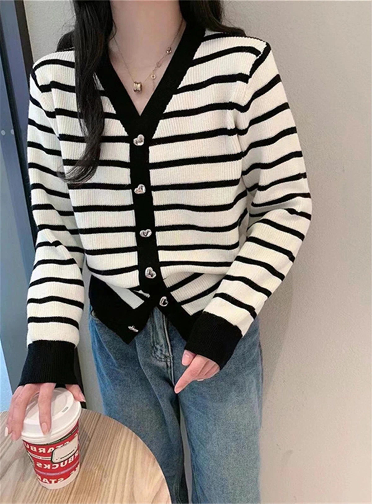 Women's Striped Contrast Knit Heart Button Loose Cropped Sweater