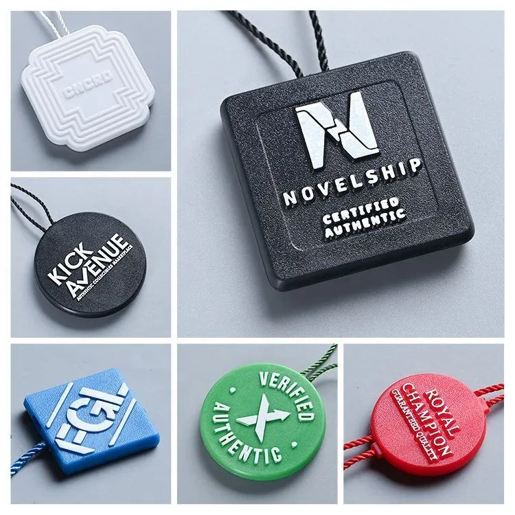 Custom String Hang Tags Embossed Logo Plastic Seal Authenticity Tag for Clothing Shoe Watch