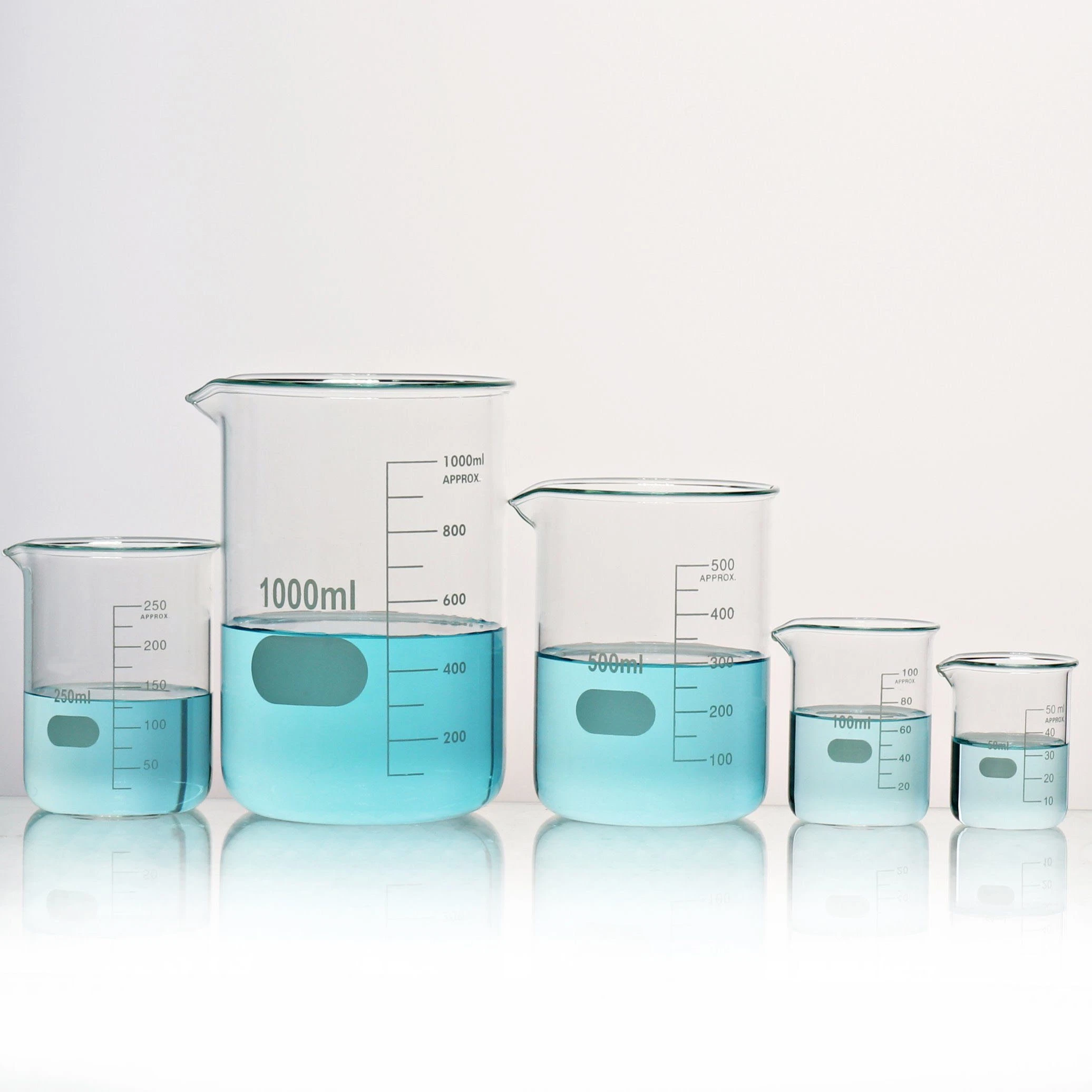 Laboratoire Chimie Bécher en verre borosilicaté 3.3 de forme haute de 250 ml, 500 ml, 1000 ml et 2000 ml.