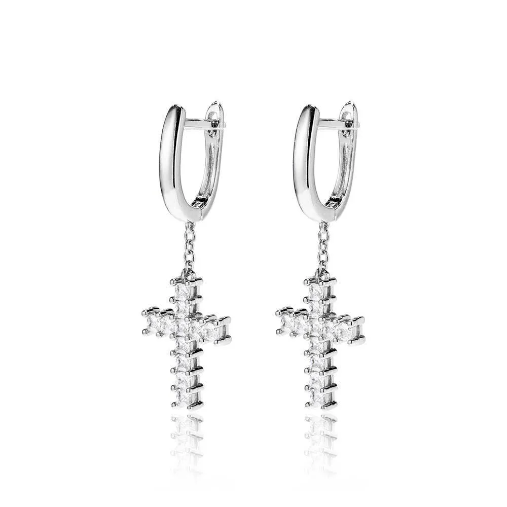 Hip Hop Trumpet Micro-Inset Zircon Drop Cross Earrings