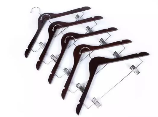 Dark Wood Hangers: Solid Wooden Top Garment Hangers of Cherry Brown Finish with Metal Trousers Clips for Adult Clothes Display