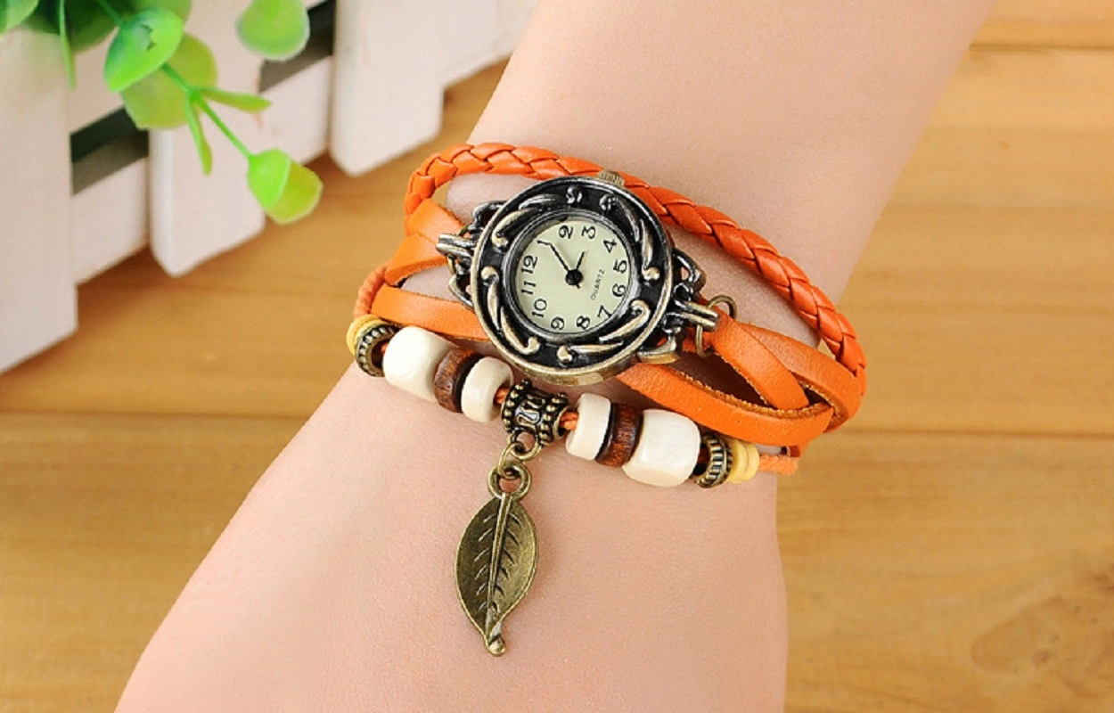 Womens Watches Vintage Wrap Around Bead Leaf Bracelet Quartz Analog Wrist Watch Braided Leather Band Fashion Bracelet Watch Esg13636