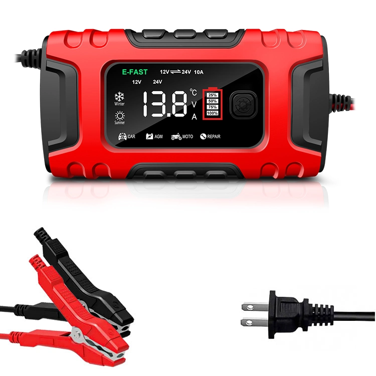 Cargador de baterías para coche de ciclo de motor AGM de plomo ácido de 24V 5A 7 etapas 12V 10A Cargador automático de pantalla LCD inteligente