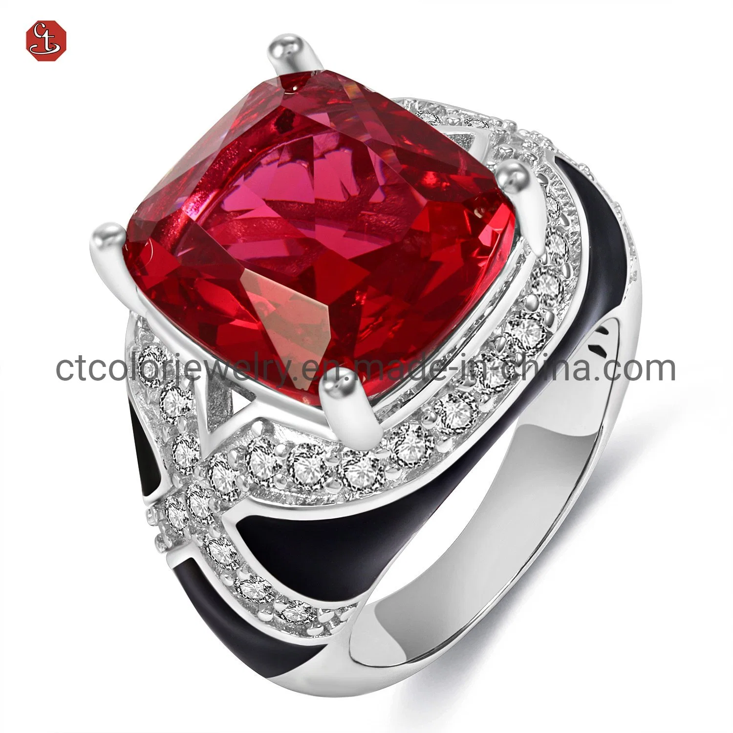 New design silver 925 ring enamel oversized ruby glass stone fashion jewelry ring