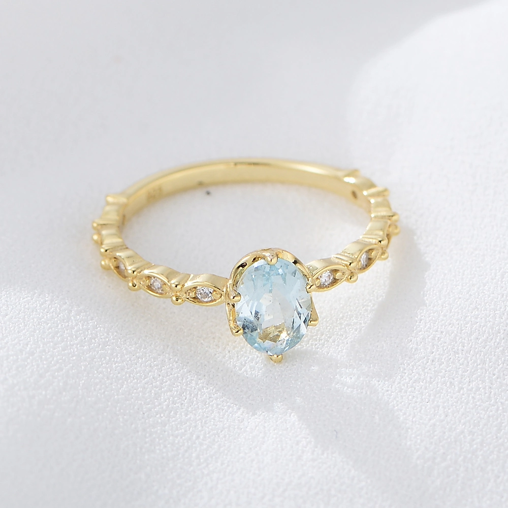 Peishang Brand 925 Sterling Silver Natural Stone Blue Topaz Ring Gold Plated Cubic Zirconia Women Ladies Rings Jewelry Custom