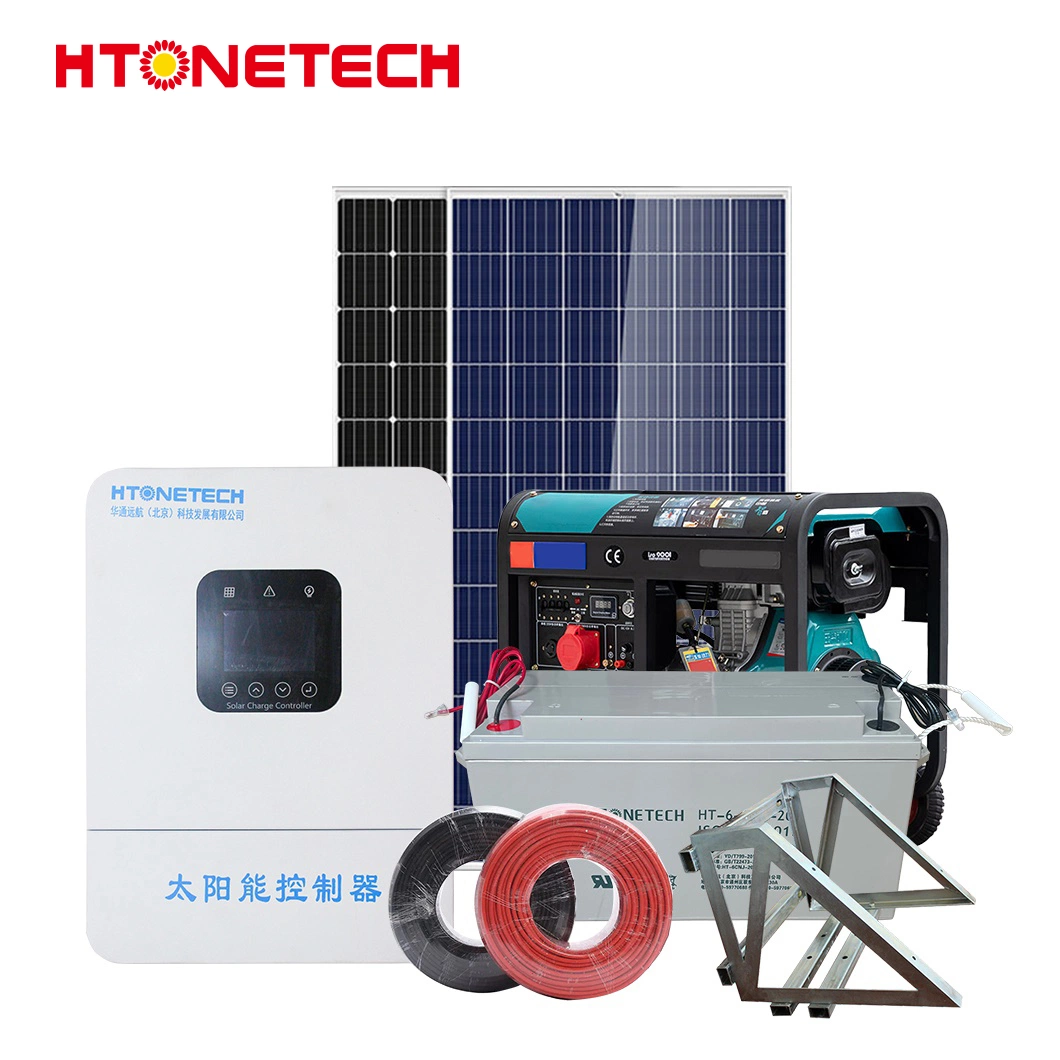 Htonetech Fournisseurs de systèmes solaires hybrides hors réseau en Chine 5 kW 43 kW Panneau solaire mono PERC bifacial 24 kW Générateur diesel Système hybride Kit solaire 5 kW 10 kW.