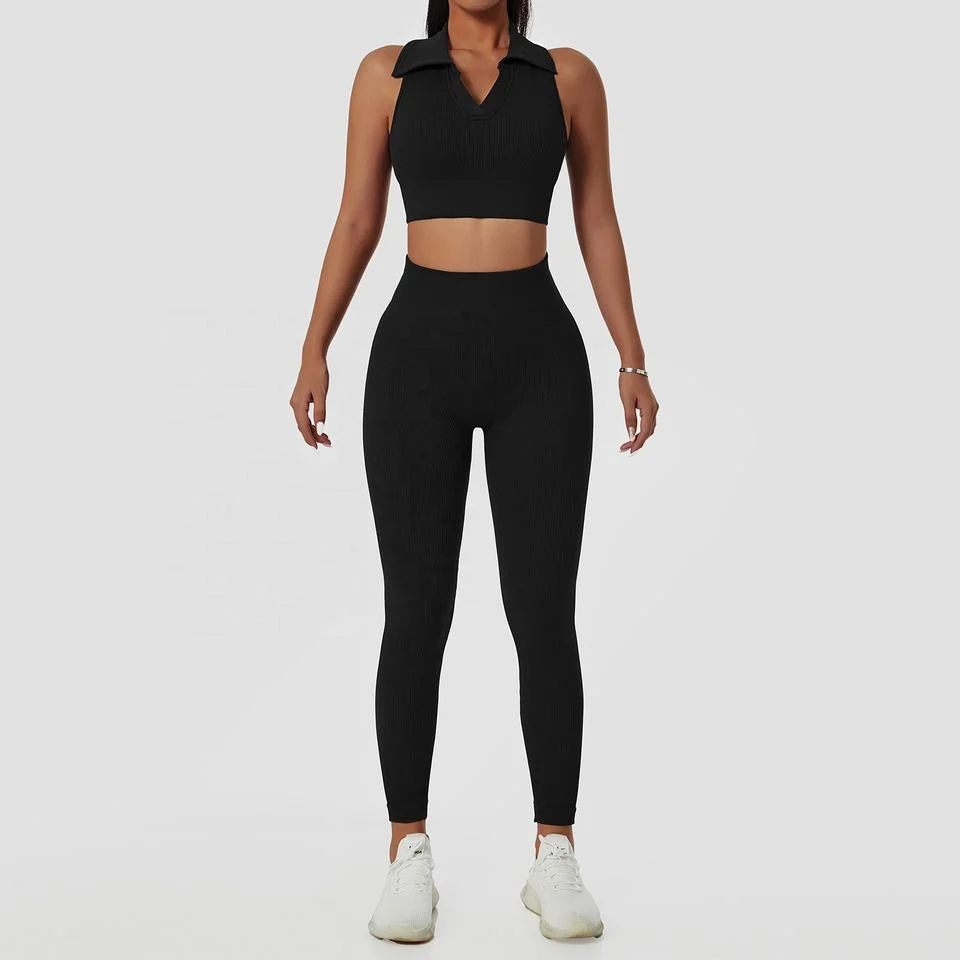 New Arrival Workout Sets Seamless Turn Down Collar Tank Top and Legging Suit High Impact Sportswear Gym