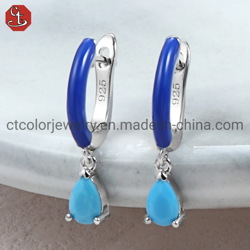 925 Silver or Brass Fashion Jewelry Handmade Drop Natural  Blue Sky Color Stone Enamel Earring