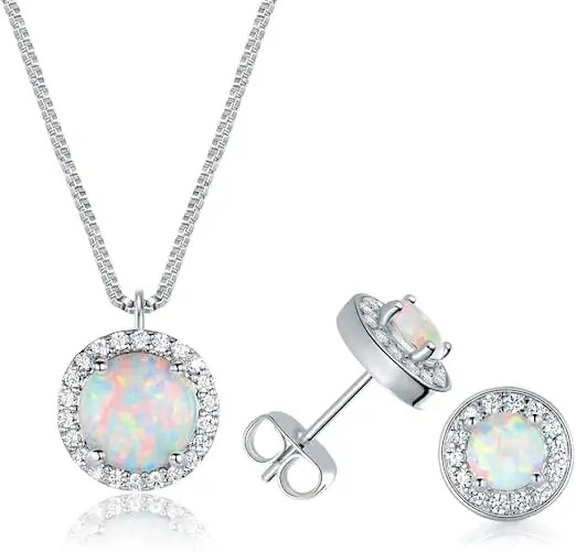 Women's Necklace and Earring Jewelry Set Zircon Opal 925 Silver Rhodium Plating