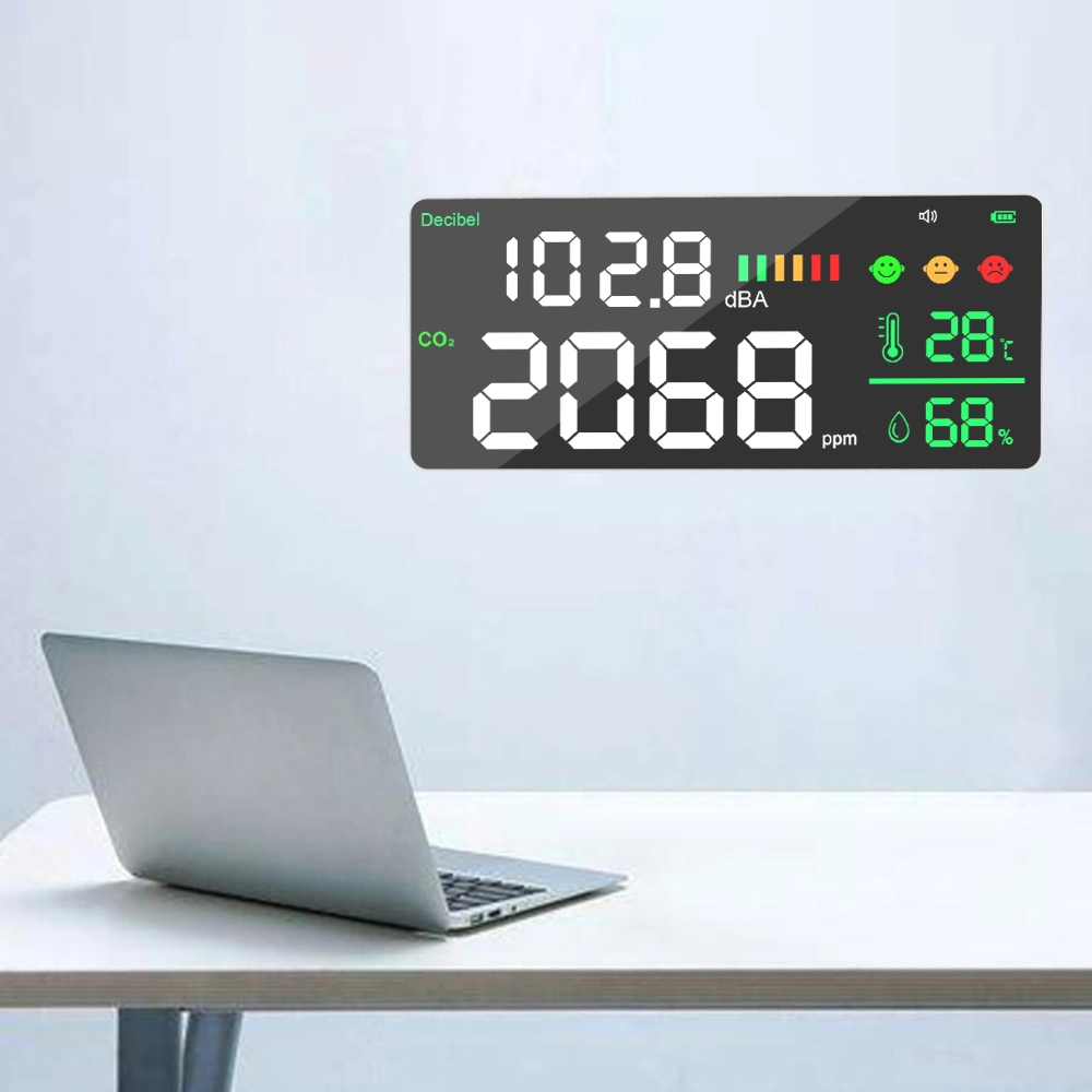 CO2 y decibel de pared Medidor Detector de dióxido de carbono sonido Medidor de nivel con humedad de temperatura