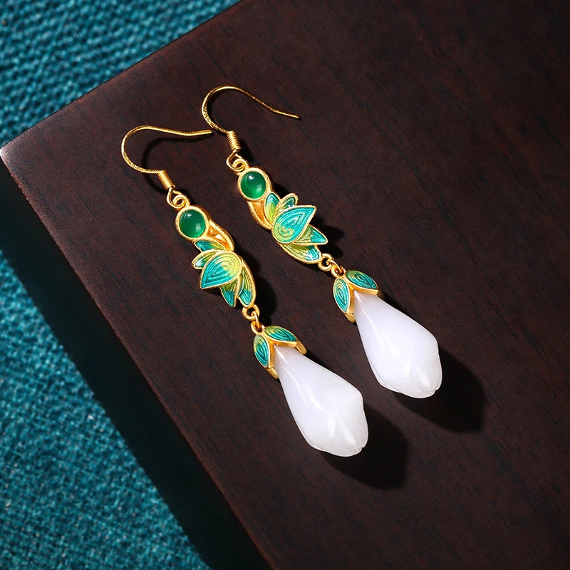 Chinese Design Cold Enamel Craft Jade Retro Earrings