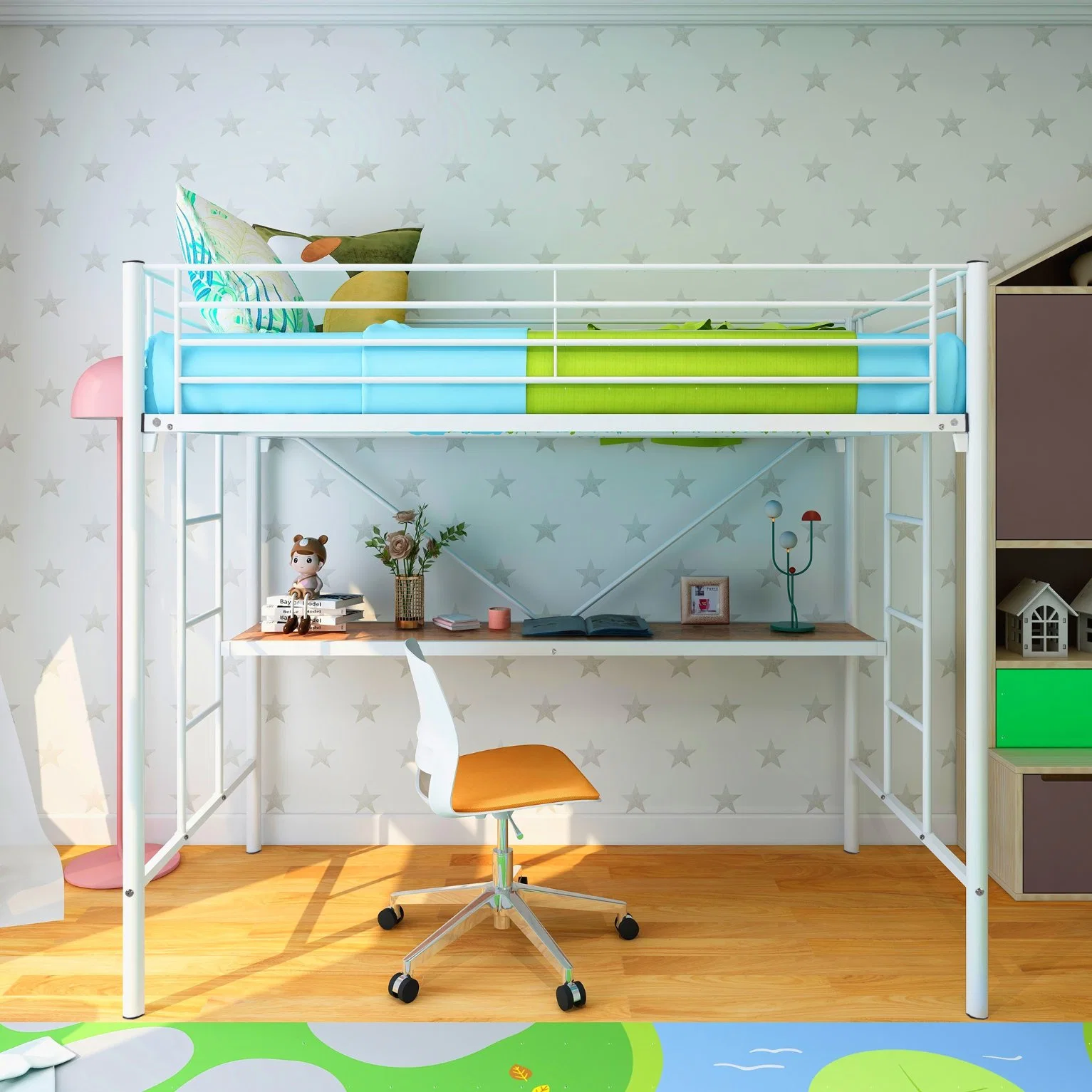 White High and Low Bunk Bed for Student Children