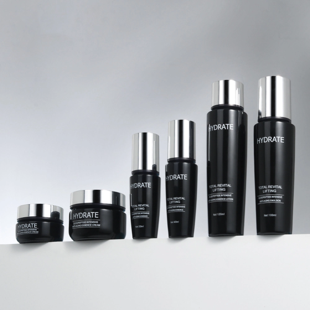 Luxus Black Color 30ml 40ml Glasflaschen wiederfüllbare Kosmetische Behälter 30g 50g Glas Seide Prnting Logo 100ml 120ml Kosmetische Flasche Set für Lotion Serum Creme