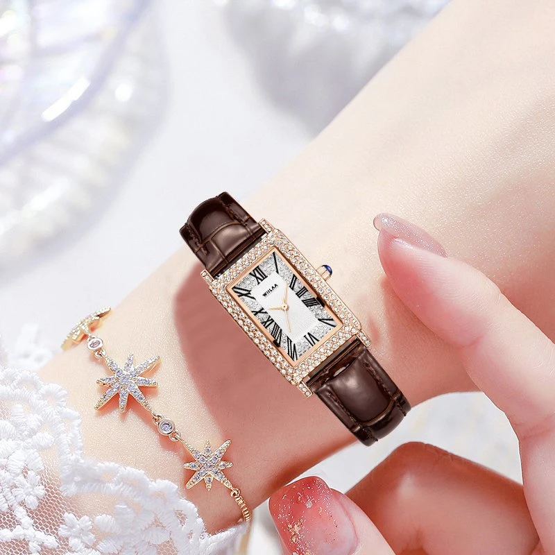 Diamond Women Quartz Watch Easy to Read Numerals Simple Dial PU Leather Strap Lady Candy Color