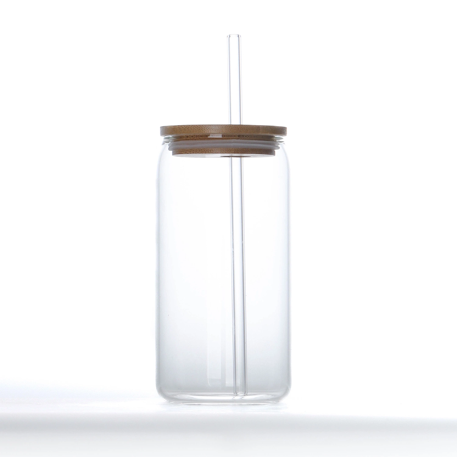 Clear Beer Glass Can Drinking Cup with Bamboo Lid and Straw