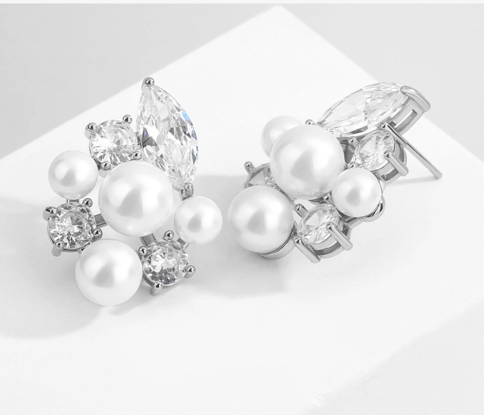 Pearl CZ Earring Stud. Bridal Wedding Pearl Earring. fashion Accessories