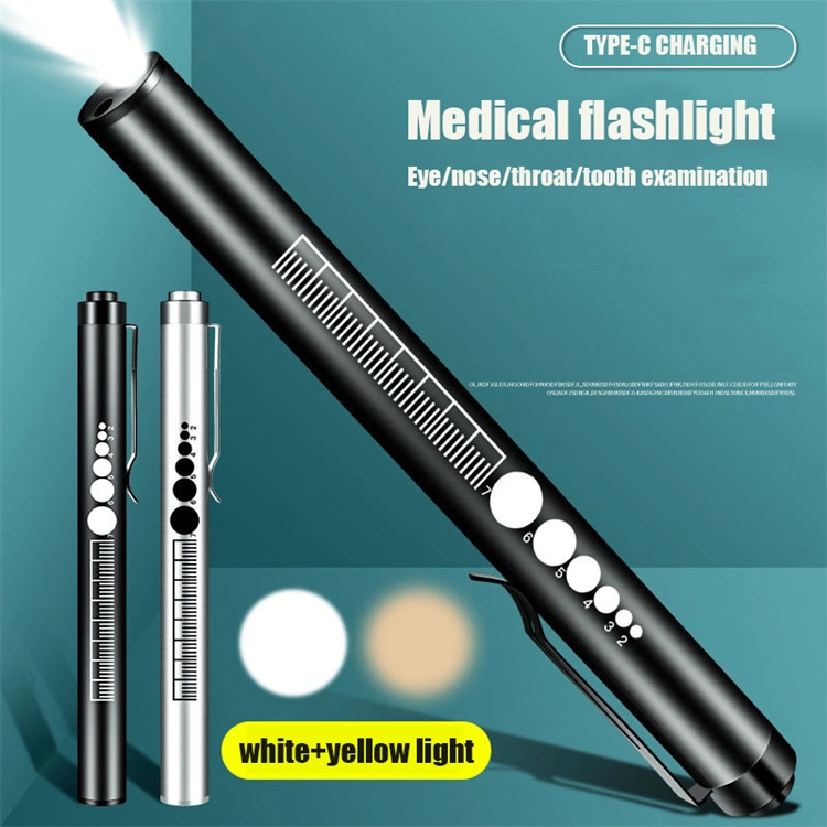 Multifunctional Yellow White Dual Light Nurse Flashlight USB Rechargeable Pupil Diagnostic Pen Medical Pen