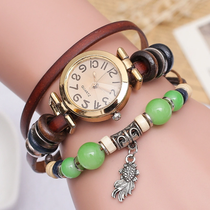 Leather Retro Beads Watch with Fish Pendant Bracelet Watch Jewelry Fashion Bracelet Analog Quartz Watches Christmas Gifts Esg13637