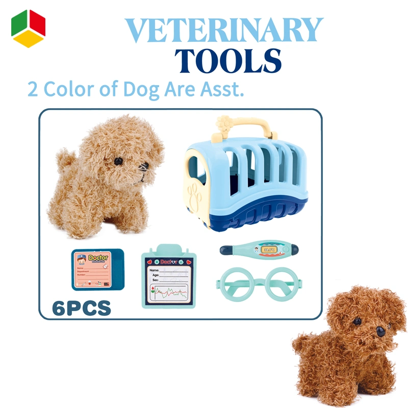 QS Children Educational Pretend Play Toy Plastic Portable Hand Basket 6PCS Simulation Role Play Doctor Cute Plush Soft Pet Dog Doll Set Series Toys for Kids