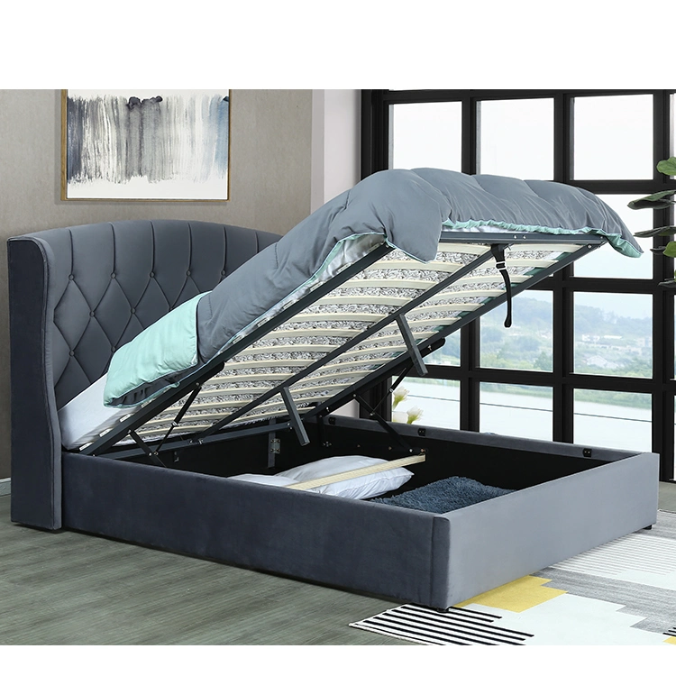 Willsoon 1513-1g Modern Stylish Curve Velvet Fabric Bed with Button Design Headboard and LED Wings & Gas Lift Storage