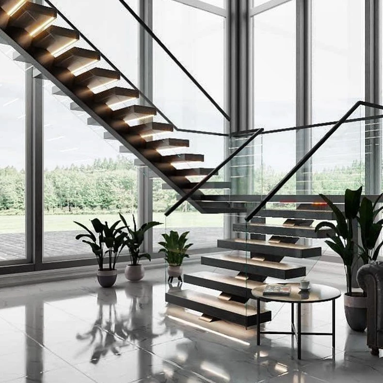 Residential Modern Staircase Mono Stringer Glass Railing Floating Stairs