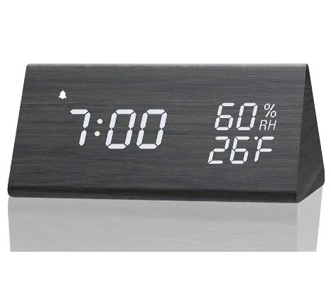Digital triângulo do quarto do bebé Relógio de madeira a umidade e temperatura Despertador Mute LED luminoso Dom electrónica