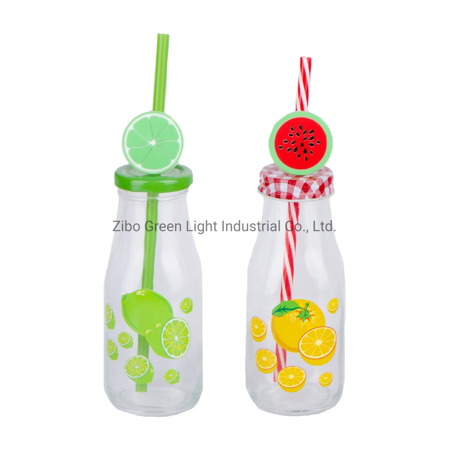 3PCS 300ml Glass Bottle with Metal Rack and Plastic Straw for Juice Soft Drink