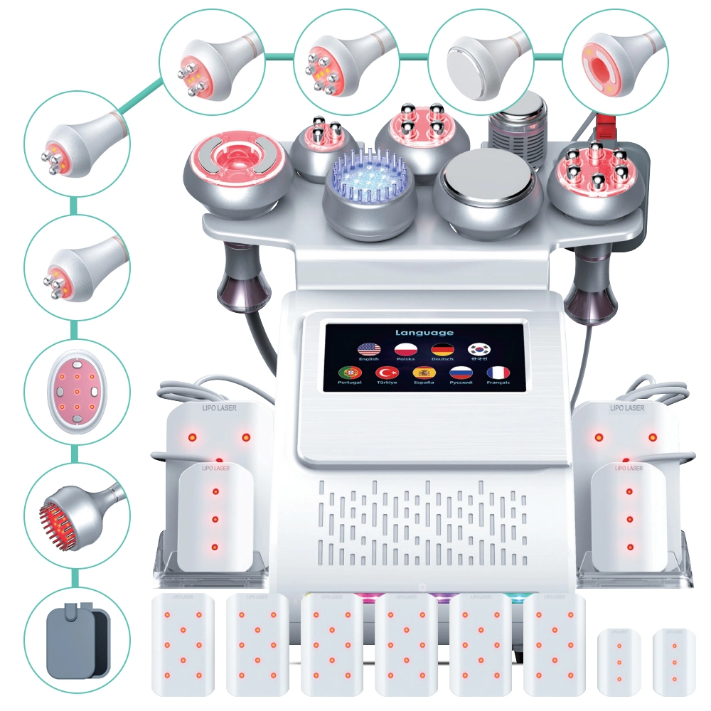 جهاز الاستلقاء متعدد الوظائف لسعة الجسم تنحيق الجسم RF Bio Lipo إزالة الفراغ 9 In1 جهاز العلاج بالموجات فوق الصوتية 80K بالموجات اللاسلكية