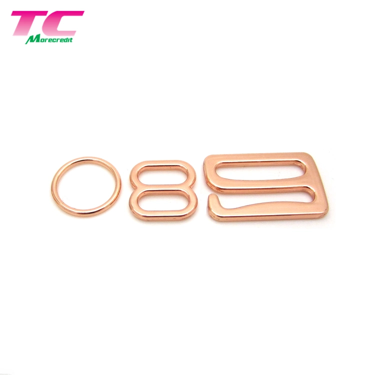 Dongguan Factory Directly Customized Logo Luxury Rose Gold Metal Ring and Strap Adjuster for Swimwear/Lingerie/Underwear Metal Bra Clip Accessories