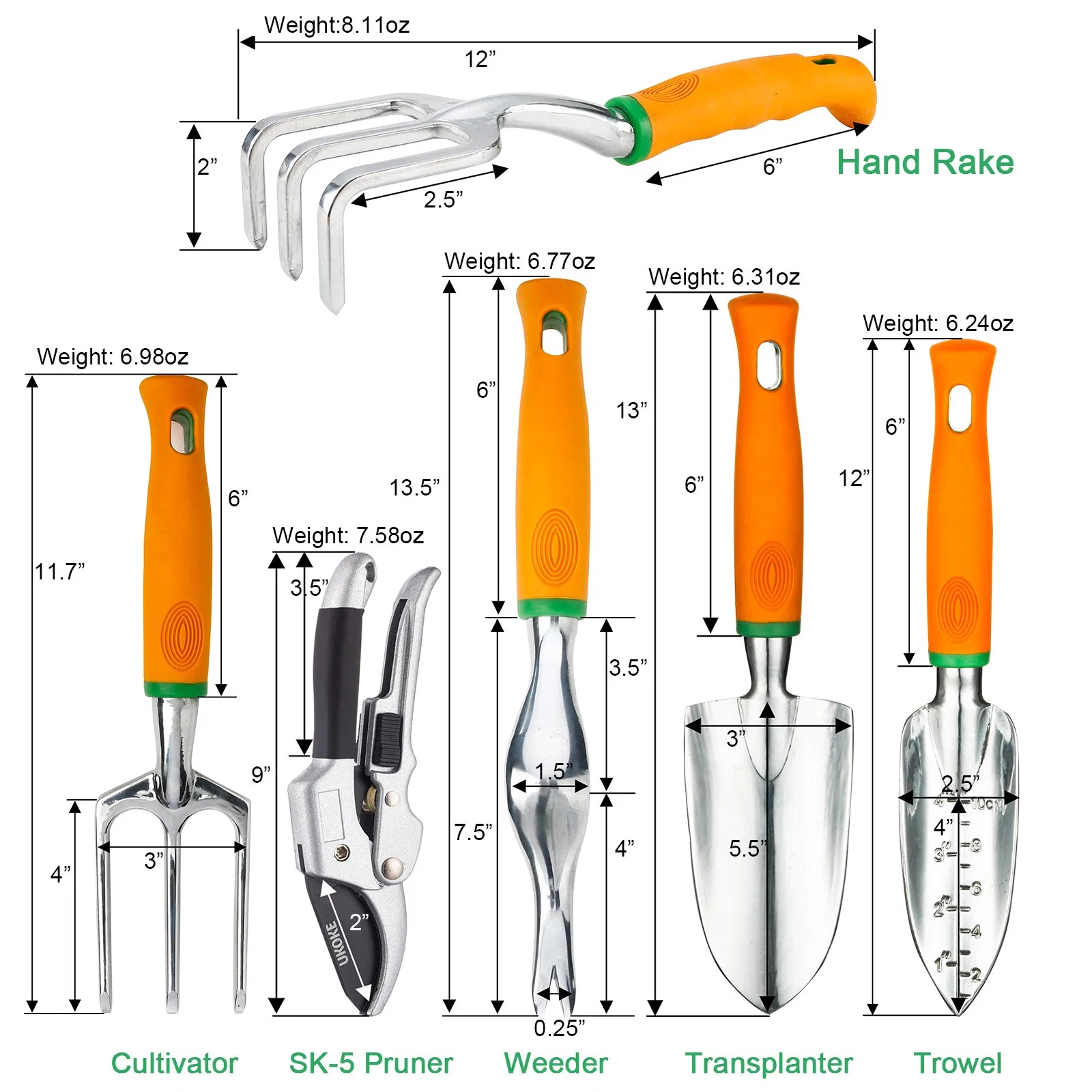 Elegante kit de ferramentas manuais em alumínio de 12 peças punho ergonómico Jardinagem Ferramenta