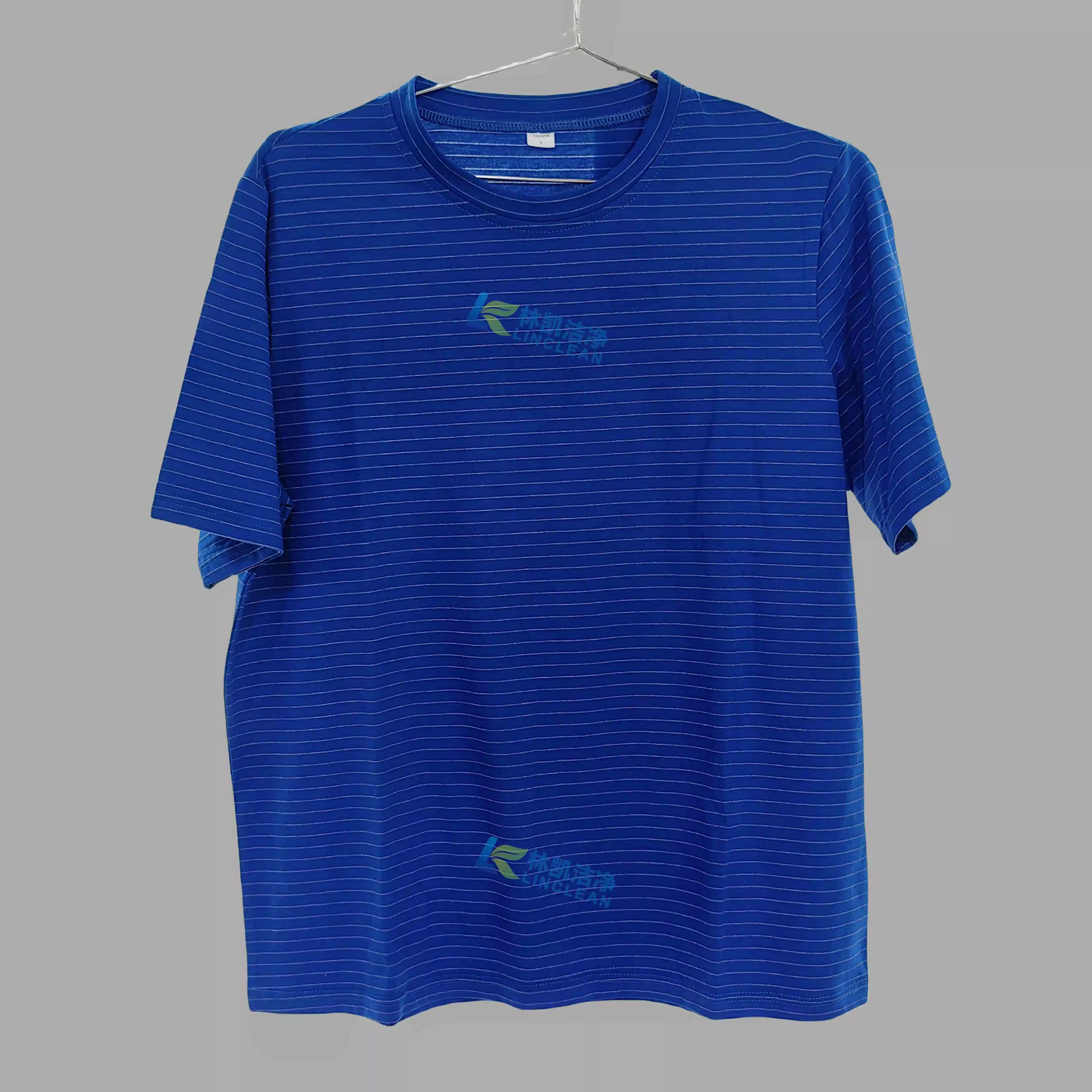 Camisa de algodón antiestática de cuello redondo con mangas cortas azules para salas limpias Ropa de trabajo ESD