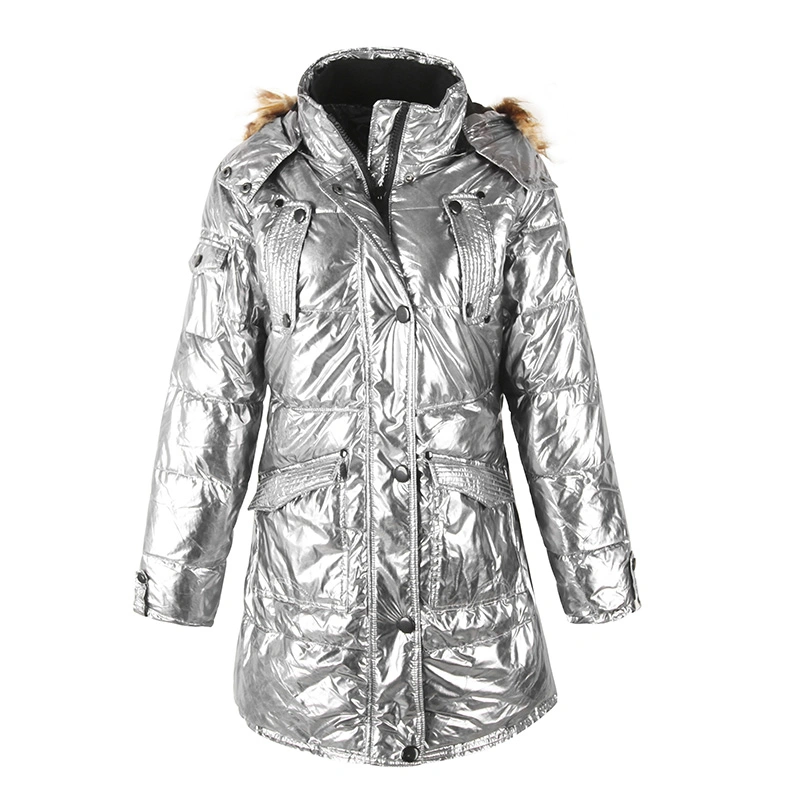 Casual Stock Fashion Warm Women's Fit Solid Color Shiny Zipper Large Fur Collar Padded Coat