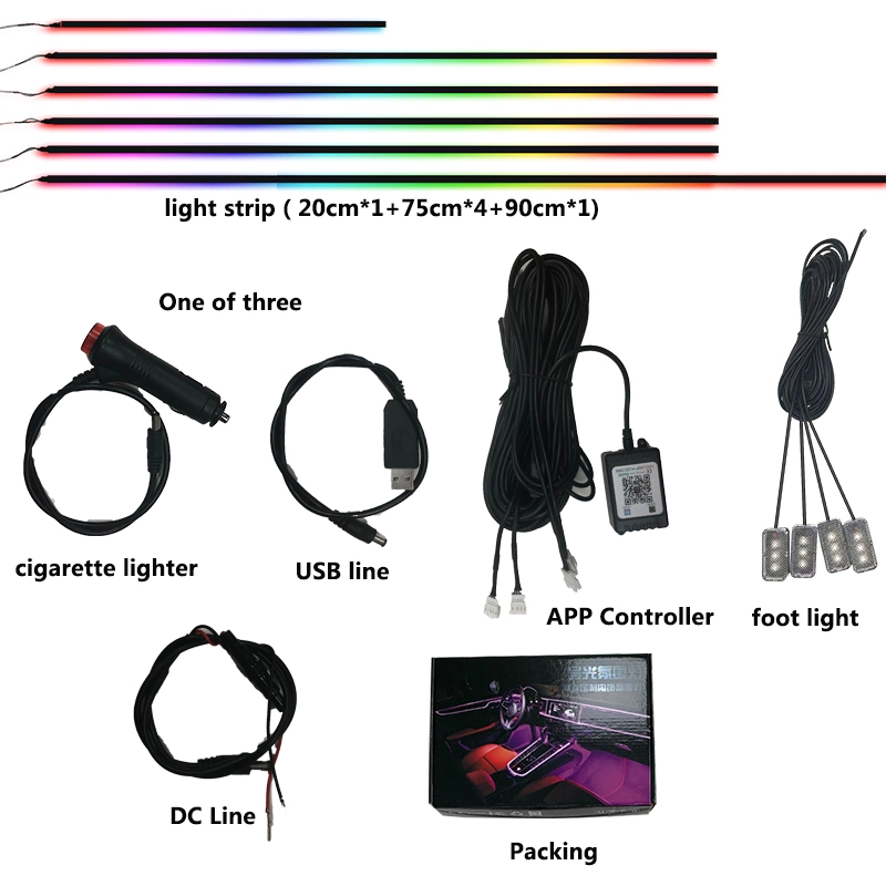 Car Accessories 10 in 1 Straight out Line Symphony Rainbow LED Ambient Light Acrylic Flexible Strip Lights