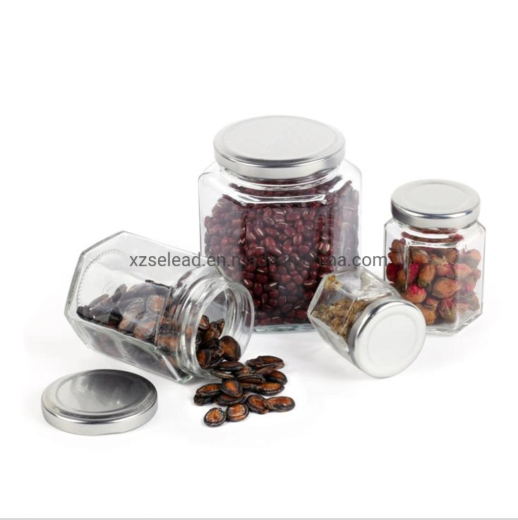 Conteneur de stockage des aliments à six pans de miel 100 ml en verre Jar 180ml 280ml 380 ml 730ml