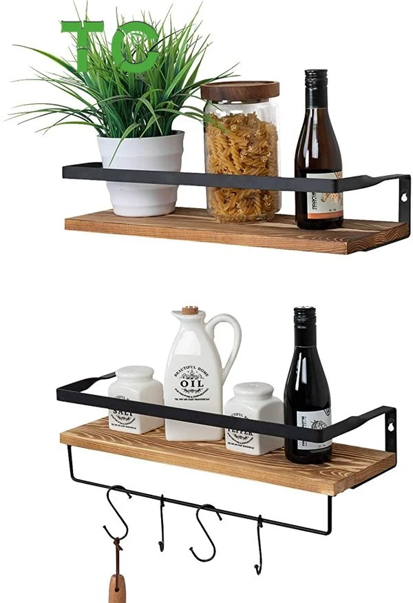 Wholesale Floating Shelves Wall Mounted Storage Wood Towel Shelf with 4 Hooks Multifunction Decorations Set of 2 for Bathroom, Kitchen, Living Room