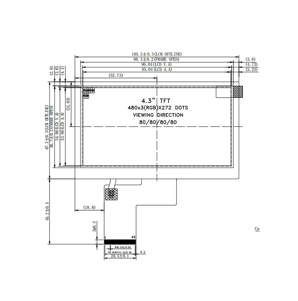 Precio de fábrica -30 ~ +80 temperatura de funcionamiento LCD de 4,3 pulgadas Pantalla TFT Panel