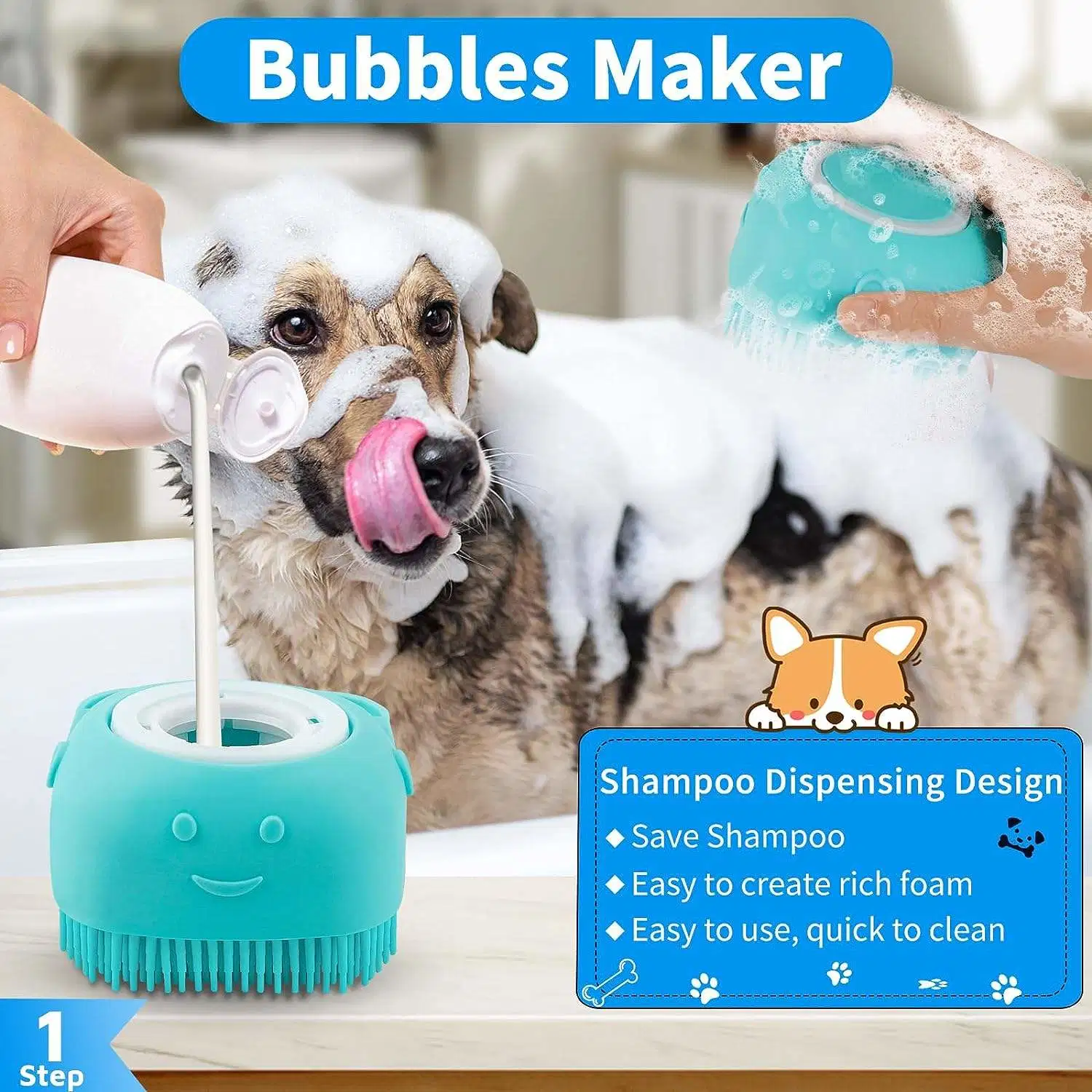 BROSSE pour le bain pour chiens, 3 PIÈCES, jolie douche pour chiens en forme de Panda Brosse de lavage avec poignée à anneau réglable