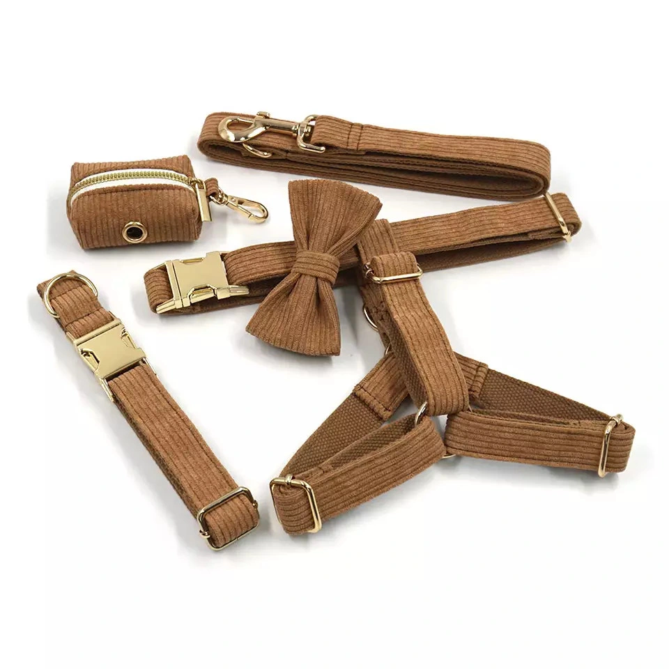 Pet Supplies New Arrive Brown Corduroy Dog Quality Collars Harness Leash Bow Tie Poo Bag Set