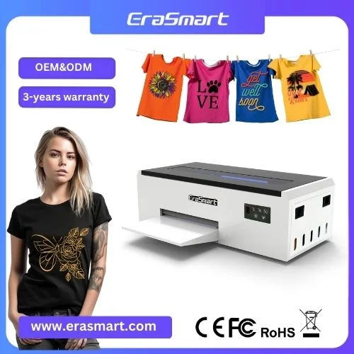 Erasmart A4 años de garantía 6 Tamaño L805 colores tinta blanca 3 Impresora de inyección de tinta de cabezal impresora automática impresora DTF impresión de camisa Máquina con RIP Software libre