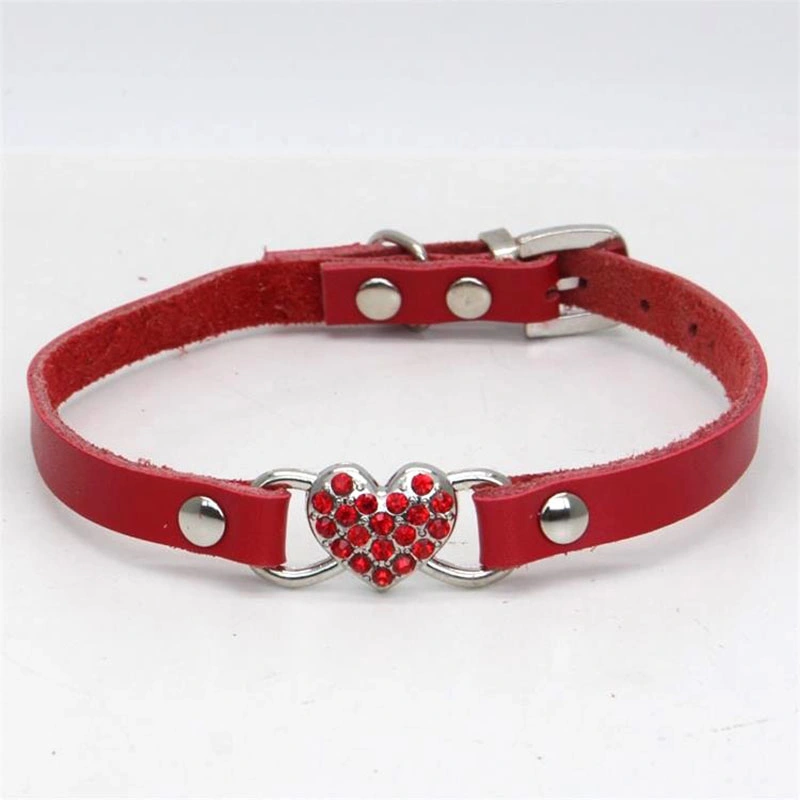 Adjustable Leather Pet Collar with Rhinestone Heart-Shaped Pet Collar