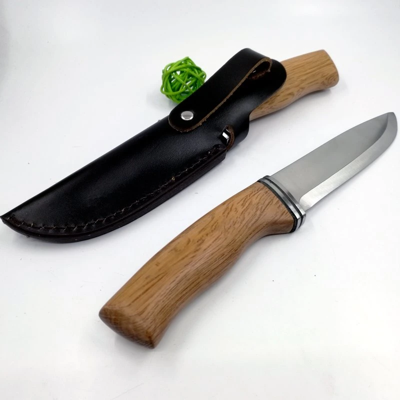 Cuchillo de hoja fija de madera de 9.5 pulgadas para caza, camping y actividades al aire libre con funda de cuero