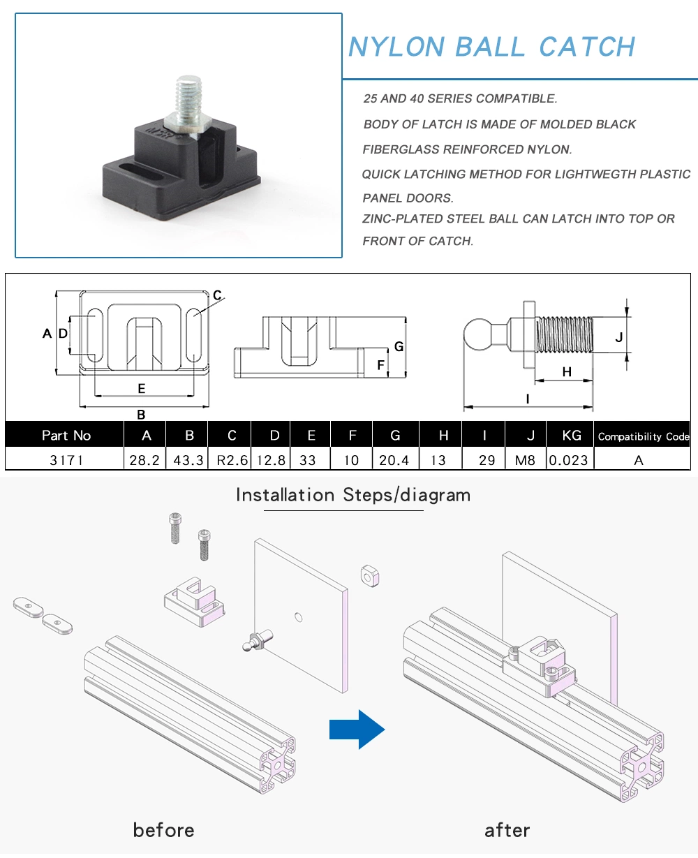 Hot Sale Aluminium Profile Black Fiberglass Reinforced Nylon Ball Catch for 25/40 Series Compatible 3171 Door Accessries