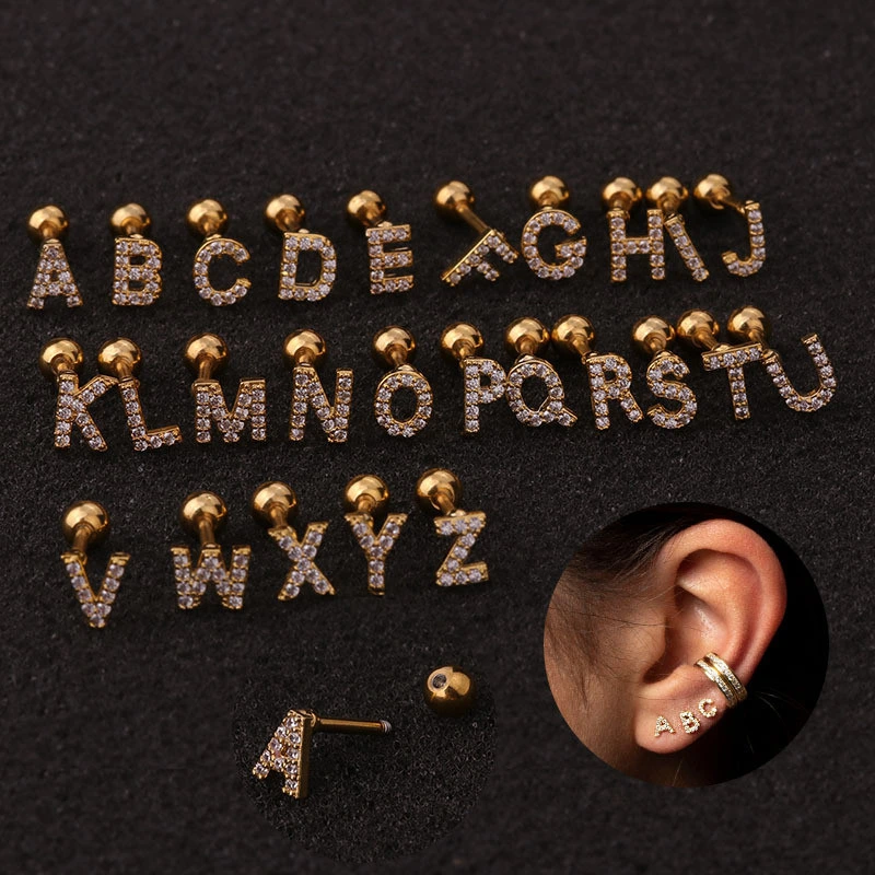 Lettre de l'alphabet en acier inoxydable Earrings goujon avec 18K et de couleur argent plaqué or, cubique zircone bijoux pour femmes filles